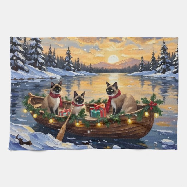Siamese Cat Christmas Boat Holiday Tea Towel (Horizontal)