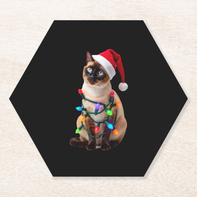 Siamese Cat Christmas Lights Xmas Cat Lover T-Shir Paper Coaster (Front)