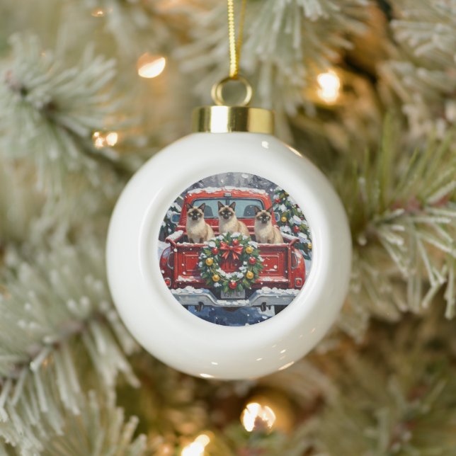 Siamese Cat Christmas Red Truck Holiday Ceramic Ball Christmas Ornament (Tree)