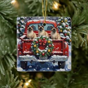 Siamese Cat Christmas Red Truck Holiday Ceramic Ornament