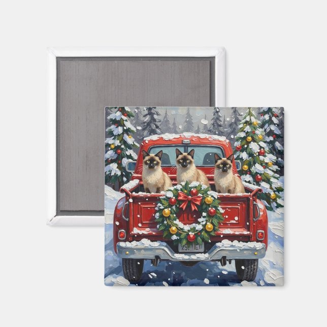 Siamese Cat Christmas Red Truck Holiday Magnet (Front/Back)