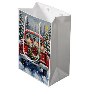 Siamese Cat Christmas Red Truck Holiday Medium Gift Bag