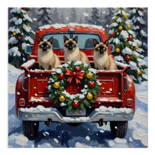 Siamese Cat Christmas Red Truck Holiday Poster