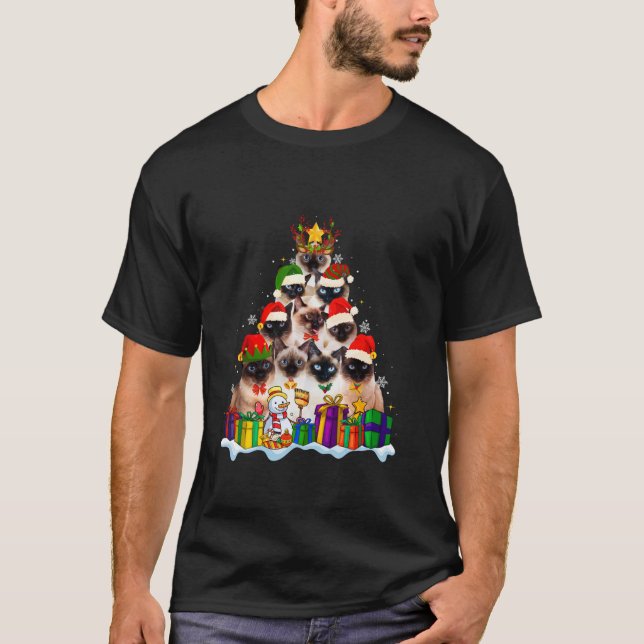 Siamese Cat Christmas Santa Hat Funny Xmas Tree Pa T-Shirt (Front)