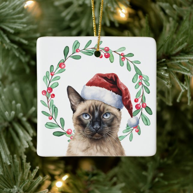 Siamese Cat Christmas themed Ceramic Ornament (Tree)
