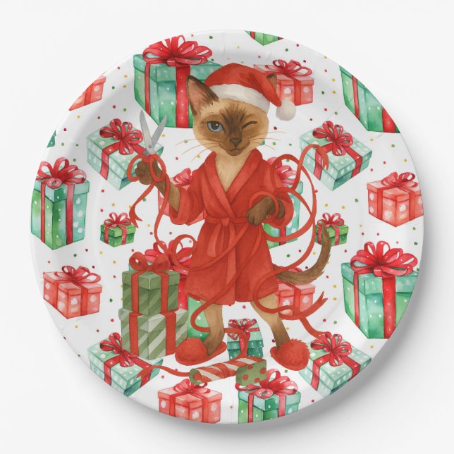 Siamese Cat Christmas themed for Cat Lover Paper Plate (Front)