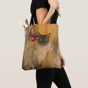 Siamese Cat Dried Flowers Photo Painting Tote Bag