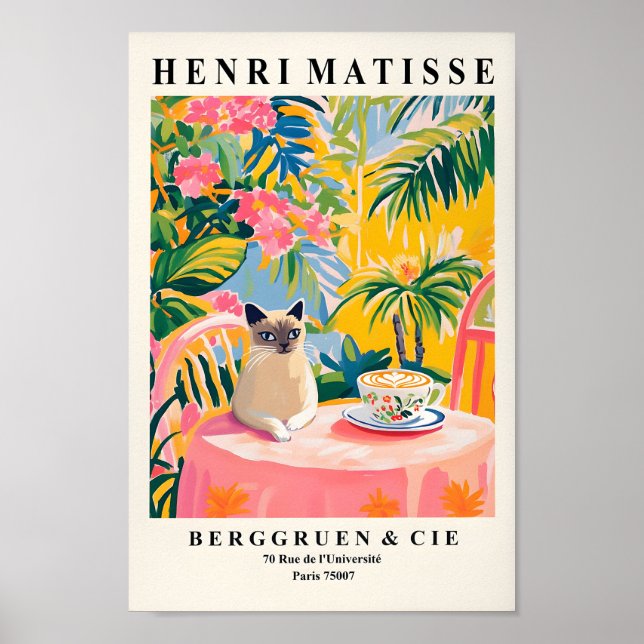 Siamese Cat Drinking Coffee, Funny Kitchen Decor,  Poster (Front)