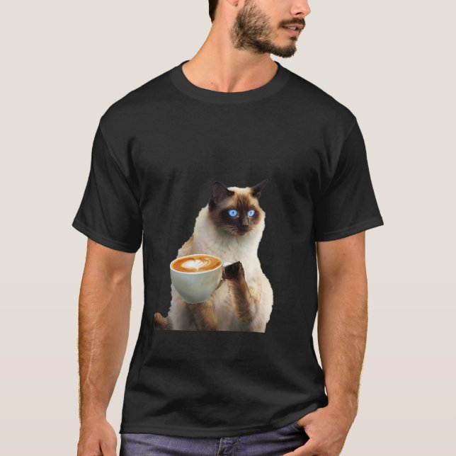 Siamese Cat Drinking Coffee T-Shirt (Front)