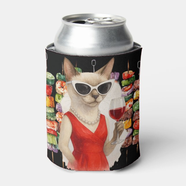 Siamese Cat Drinking Wine at Barbecue Party  Can Cooler (Can Front)