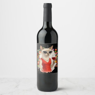 Siamese Cat Drinking Wine at Barbecue Party  Label