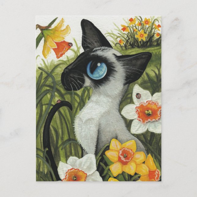 Siamese Cat Easter Spring Daffodils by BiHrLe Holiday Postcard (Front)