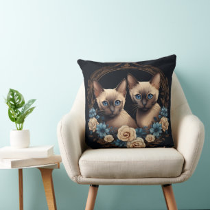 Siamese Cat Floral Design Cushion