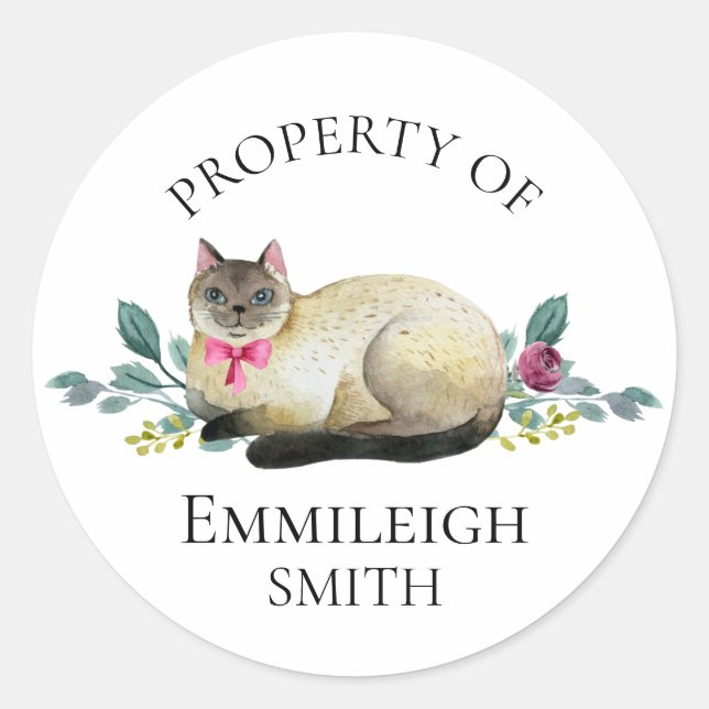 Siamese Cat Floral Property of Bookplate Classic Round Sticker (Front)