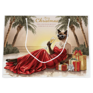 Siamese Cat Glam Christmas Sipping Champagne Large Gift Bag