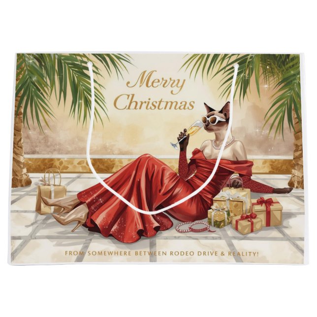 Siamese Cat Glam Christmas  Sipping Champagne  Large Gift Bag (Front)