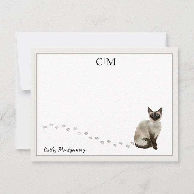 Siamese Cat Grey Border Monogram Name Card (Front)