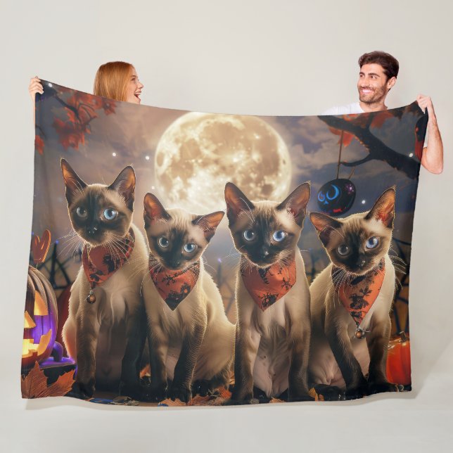 Siamese Cat Halloween Spooky Fleece Blanket (In Situ)