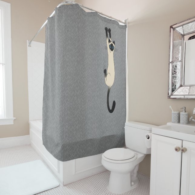 Siamese Cat Hanging On | Funny Cat Shower Curtain (In Situ)