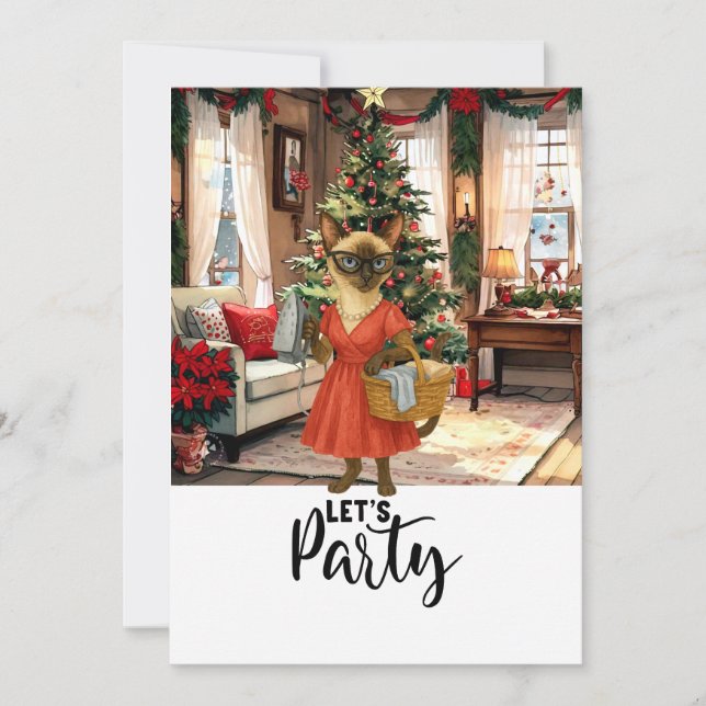 Siamese cat Housewife Christmas Let's Party Invitation (Front)