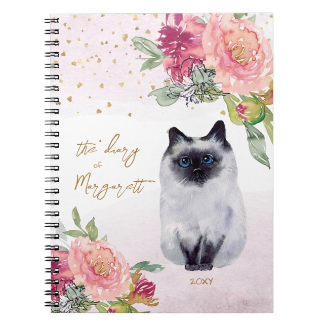 Siamese Cat Illustration Flowers Girl Daily Diary Notebook (Front)
