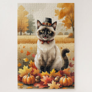 Siamese Cat In Autumn Leaves Thanksgiving Art Jigsaw Puzzle
