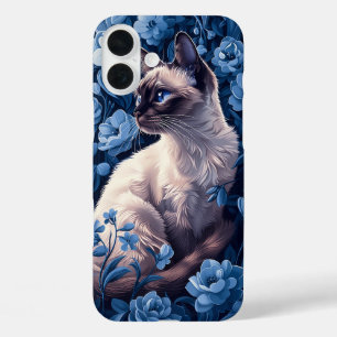 Siamese Cat in Blue Flowers iPhone 16 Plus Case