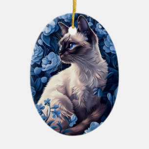 Siamese Cat in Blue Flowers Ceramic Ornament