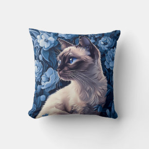 Siamese Cat in Blue Flowers Cushion