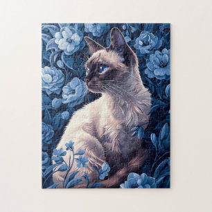 Siamese Cat in Blue Flowers Jigsaw Puzzle
