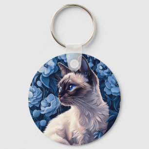 Siamese Cat in Blue Flowers Key Ring