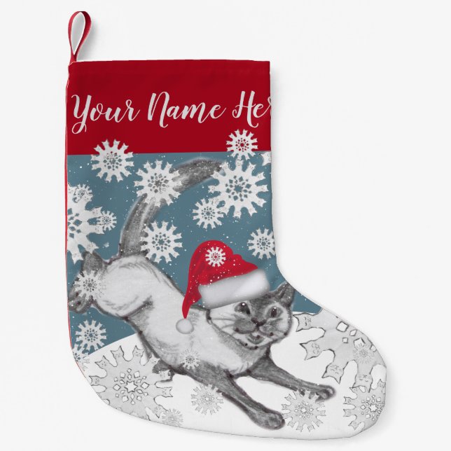 Siamese Cat in Santa Hat Blue Winter Snowflakes Small Christmas Stocking (Front)