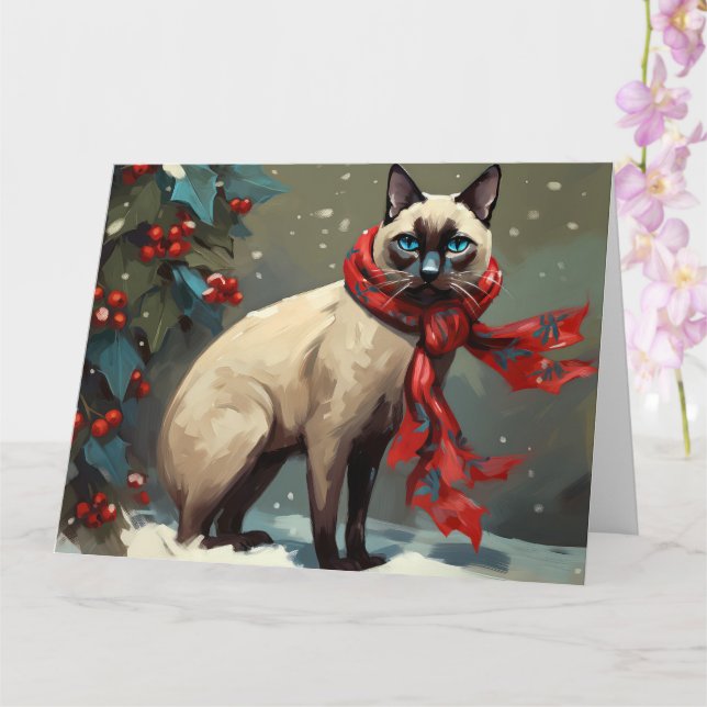 Siamese Cat in Snow Christmas Card (Orchid)
