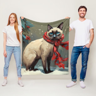 Siamese Cat in Snow Christmas Fleece Blanket