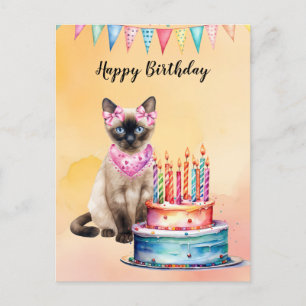 Siamese Cat in Spa with Birthday Cake Postcard