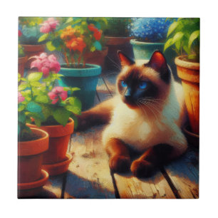 Siamese Cat in the Garden Oil Painting Ceramic Tile