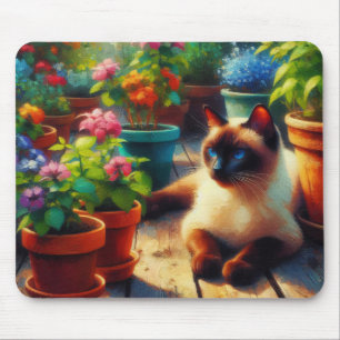 Siamese Cat in the Garden Oil Painting Mouse Pad