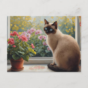 Siamese Cat in the Window with Garden View Postcard