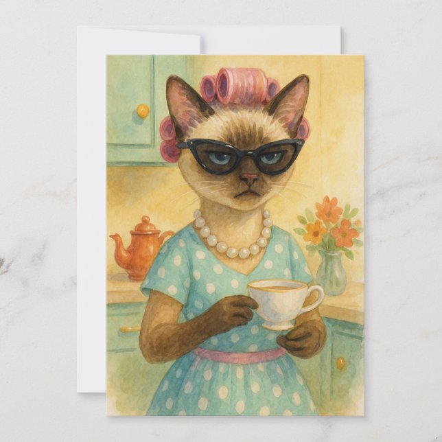 Siamese Cat is drinking Coffee Thank You Card (Front)
