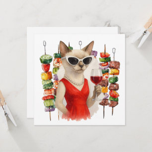 Siamese Cat is drinking wine Barbecue party Invitation