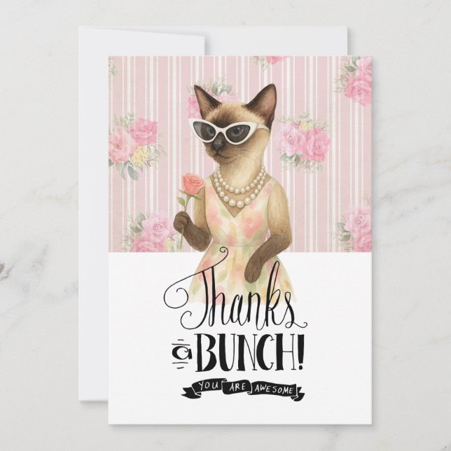 Siamese Cat is holding flower pink rose Thank You Card (Front)