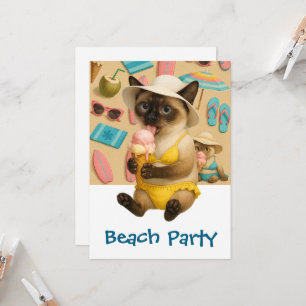 Siamese Cat is licking Ice cream beach Party Invitation