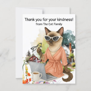 Siamese cat is sending message via laptop postcard