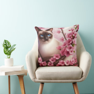 Siamese Cat Japanese Cherry Blossom Flower Pink Cushion