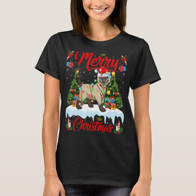 Siamese Cat Lights Xmas Tree Santa Siamese Cat Chr T-Shirt (Front)