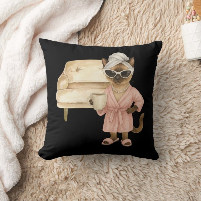 Siamese Cat Loves Coffee Pillow – Cute Watercolor  (Blanket)