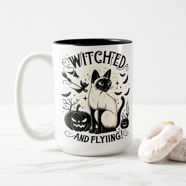 Siamese cat Magic: Bewitched and Free Two-Tone Coffee Mug (With Donut)