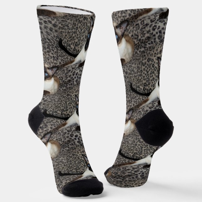 Siamese Cat on Leopard Print Wild Animal Spots Socks (Angled)
