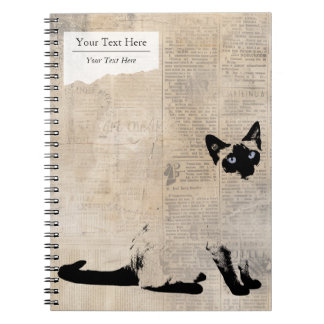 Siamese Cat on Retro Newspaper, Personalized Name Notebook