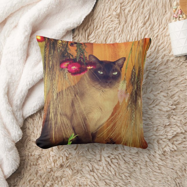 Siamese Cat Posing With Flowers  Cushion (Blanket)